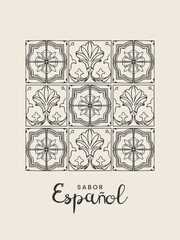 Black and white Hand Drawn Spanish Ceramic Tile Pattern. Vector sketchy line art for wall decor, poster, cover, social media, ads, print, menu design.