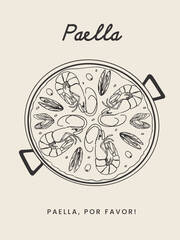 Whimsical postcard with Hand Drawn Paella. Traditional Spanish Food with Seafood in Pan.Vector sketchy line art for wall decor, card, cover, social media, ads, print, menu design.