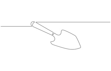 Continuous line drawing of shovel. Shovel linear icon. One line drawing background. Vector illustration. Shovel continuous line icon, Line Drawing with Editable Stroke and Copy Space.