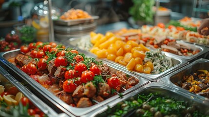 Obraz premium This captivating image showcases a vibrant buffet with an array of colorful, fresh dishes beautifully arranged, inviting viewers to explore a feast of flavors and textures.