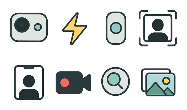 Phone Camera Concept isometric set. Dual lens icon, flash icon, camera mode toggle, portrait frame, selfie cam symbol, video recording, zoom feature, image
