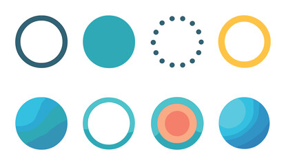Classic Circle Logos Concept isometric set. Simple ring, solid disc, dotted circle, thick border circle, gradient-filled round icon, clean mono ring.