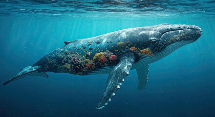 Fototapeta premium Majestic Humpback Whale with Vibrant Coral Reef and Fish Double Exposure Underwater