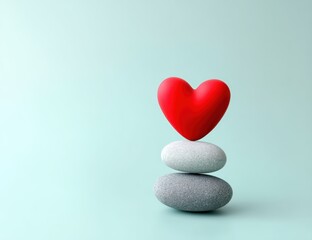 Fototapeta premium A small red heart rests atop two smooth gray stones against a light blue background, symbolizing balance and love.