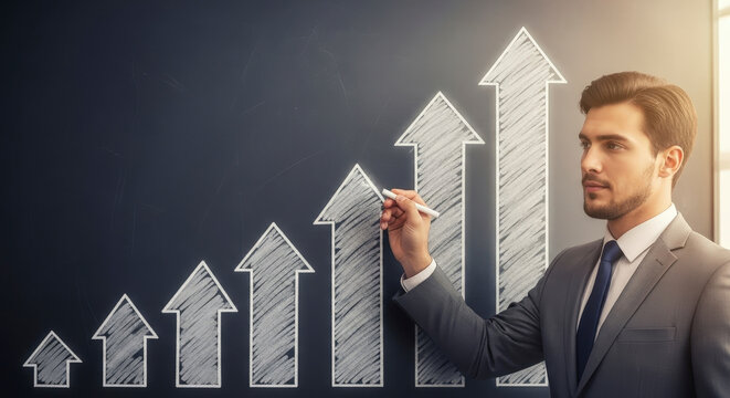 Professional Businessman in Formal Attire Drawing Upward Arrows on Dark Chalkboard Representing Business Growth