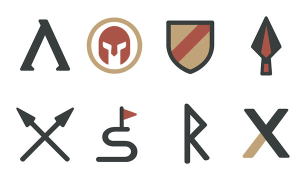 Spartan Symbols Concept isometric set. Spartan lambda (Λ), circular helmet mark, red stripe shield, triangle blade, double spear icon, warrior path symbol.