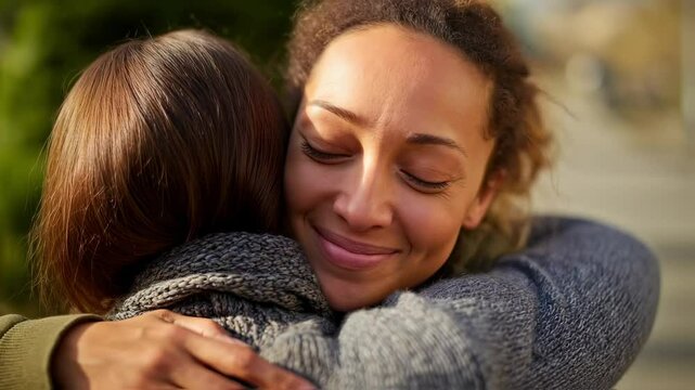 A woman offering a warm hug and comforting words to someone in distress, the compassion and support of the community evident in her gesture.