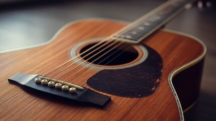 Fototapeta premium Musical Instrument: A close-up captures the rich texture of a classic acoustic guitar. Strings gleam, a testament to music.