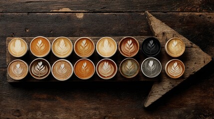 Coffee Flight: A captivating coffee flight on a rustic wooden arrow showcases an array of artfully crafted lattes, each a unique masterpiece of flavor and artistry.