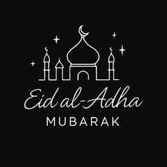 Eid Mubarak greeting card with mosque silhouette and vector illustrations of architectural landmarks