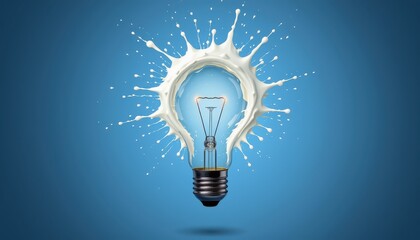 light bulb with white glass splash positioned at the top under intense spotlight, with crystal blue tones, ample copy space at the bottom for text.
