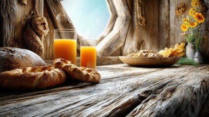 Rustic Cabin Breakfast Scene with Sunlight