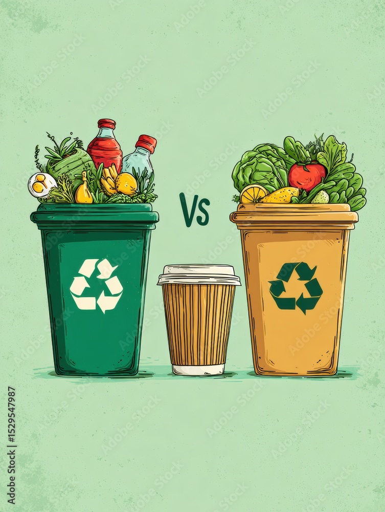 Poster compostable materials compared to recyclable and landfill options in an informative infographic illu