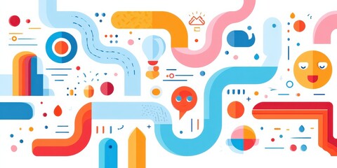 Marketing metrics engagement optimization concept. Colorful abstract design with playful shapes and patterns.