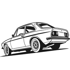 A classic car is shown in black and white from the rear perspective