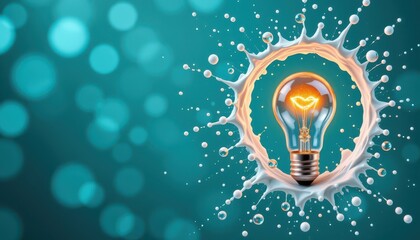 white glass splash around a glowing light bulb on the right side, against a backdrop of sparkling teal tones, ample copy space on the left for your text.