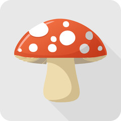 Red and White Spotted Mushroom Icon with Long Shadow , Fantasy Flat Design.