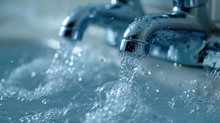 Close-up shot of water cascading from stylish faucets, emphasizing the beauty of everyday life and the refreshing quality of water in a modern setting.