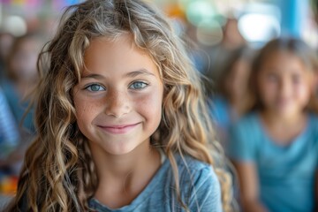 Fototapeta premium A cheerful girl with curly hair smiles brightly, capturing the essence of childhood joy and curiosity while seated in a classroom filled with lively energy and camaraderie among peers.