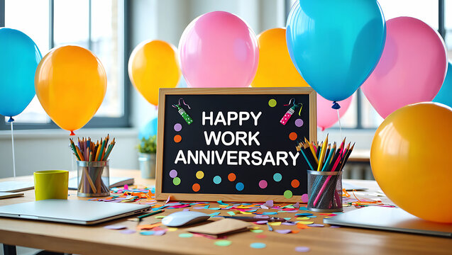 Vibrant Work Anniversary Setup with Confetti & Bright Balloons