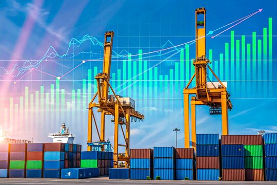 Container port with crane and business data overlay for logistics analytics concept
