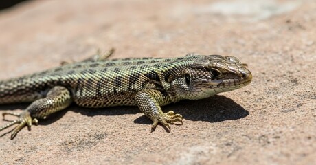 Obraz premium Close-up of a speckled lizard basking on a rock