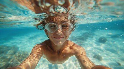 Naklejka premium A cheerful boy is captured swimming underwater, showcasing his joy with a big smile while wearing goggles, embracing the fun and playfulness of the moment with clarity.
