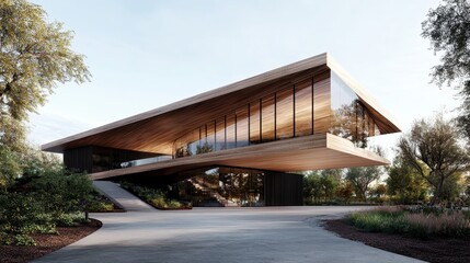 A stunning modern building featuring a unique wood and glass design, harmoniously integrating with its natural surroundings and showcasing contemporary architecture at its finest.
