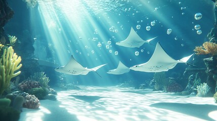 Sunlit underwater scene with rays swimming over sandy bottom, near coral