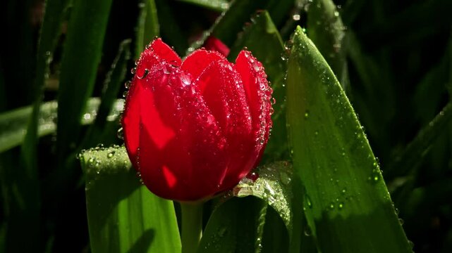 Beautiful red tulip flowers with water drops.