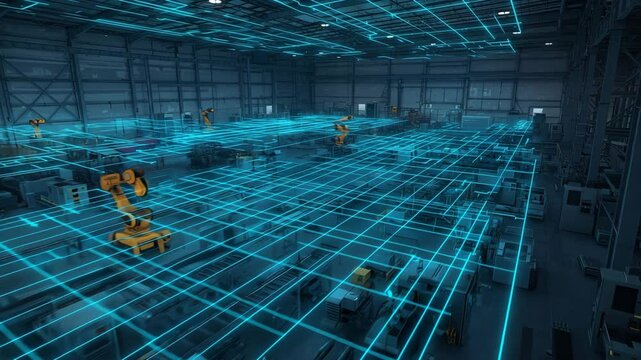 Industrial space with robotic arms and laser grid patterns