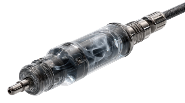 Transparent Industrial Connector: Close-up view of a transparent industrial connector showcasing its internal components. The connector appears sleek, modern, and technologically advanced.