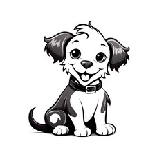 Cute cartoon puppy smiling illustration, black and white, white background.