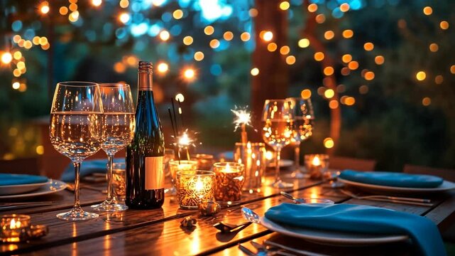 Elegant outdoor dining setup with wine glasses and sparkling candles at night