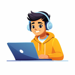 Focused teenage boy working on laptop, wearing headphones, leaning forward in concentration, modern clean vector art representing study time.
