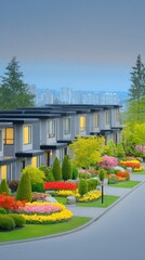 Fototapeta premium Modern Townhouses with Vibrant Spring Gardens at Twilight