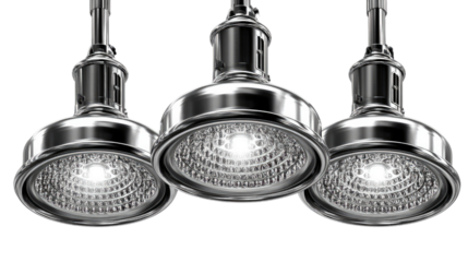 Industrial Pendant Lights: Three sleek, metallic pendant lights with a vintage industrial design hang in a close-up shot, showcasing their intricate details and bright LED illumination.