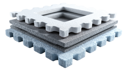 Layered Structure: Abstract composition highlighting the intricate design of interlocking layers of a modern construction. Showcasing the precision and artistic design