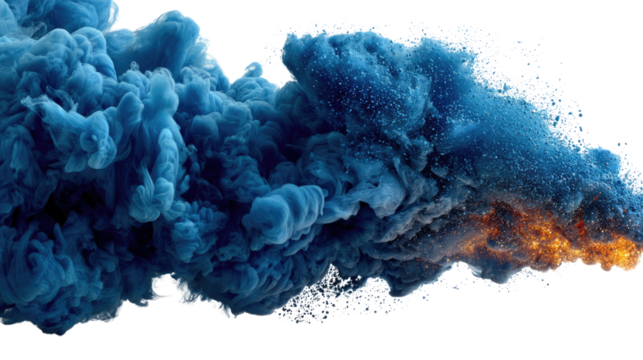 Explosive Blue Cloud: A dynamic and captivating depiction of an explosion of blue smoke, creating a visually striking display of energy and abstract forms. - Powered by Adobe