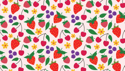 Vibrant fruity pattern with cartoon strawberries, raspberries, blueberries, cherries, flowers and green leaves scattered randomly.