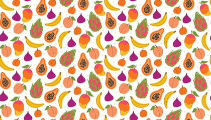 Juicy seamless design in messy style with exotic fruits like fig, banana, mango, papaya, peach, apricot, and dragon fruit.