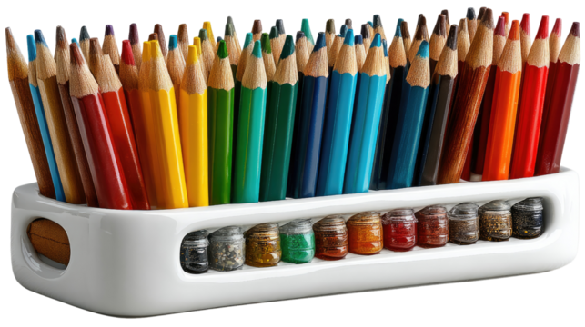 Color Pencil Array: A vivid, close-up view showcasing a neat array of sharpened colored pencils and mini jars. A spectrum of creative inspiration. - Powered by Adobe