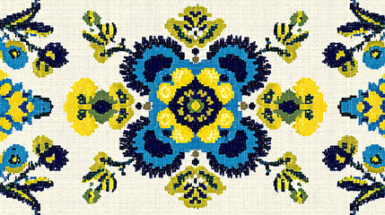 Ukrainian embroidery-inspired kaleidoscope pattern in blue and yellow, abstract rotational symmetry