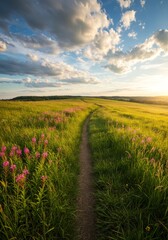 Obraz premium Sunset Path Through a Vibrant Wildflower Meadow