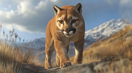 Cougar Walking on Mountain Path with Snow-capped Peaks in the Background