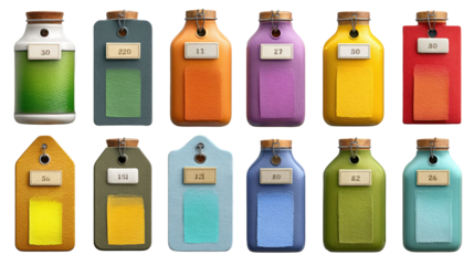 Colorful Bottles and Labels: An eye-level shot showcasing an array of colorful bottles each adorned with a unique label, meticulously arranged in a grid-like fashion.