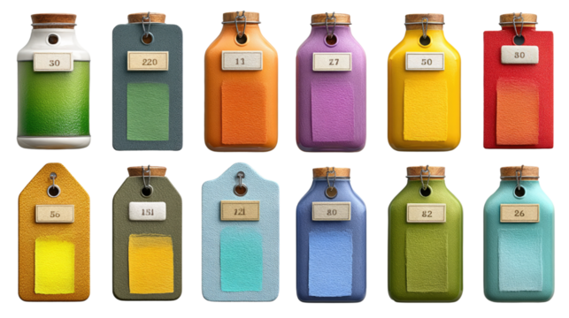 Colorful Bottles and Labels: An eye-level shot showcasing an array of colorful bottles each adorned with a unique label, meticulously arranged in a grid-like fashion.