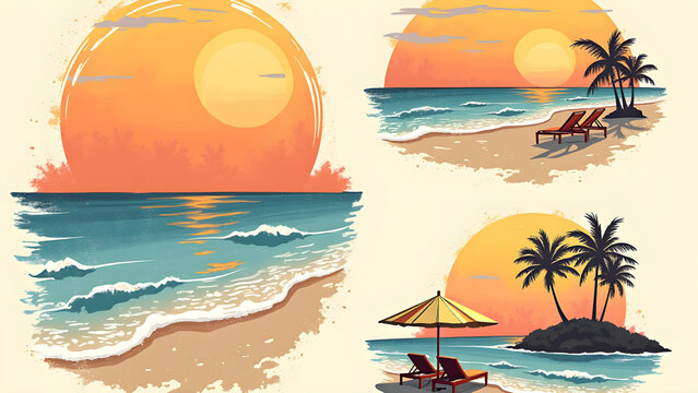Set Of Vintage Summer Beach T-shirt Designs, Retro Beach Sunshine Illustration, Vintage Summer Beach Sunset Design Sublimation