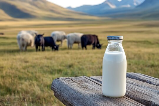 A notion of pure and hearty dairy depicted by bottle of yak milk over wood table with yak in rural grassy grazing field delish food, Generative AI.