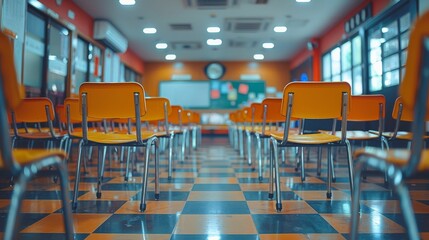 Fototapeta premium An empty classroom featuring modern orange chairs and a checkered floor, symbolizing a fresh start for students, ready to inspire creativity and knowledge in the learning process.